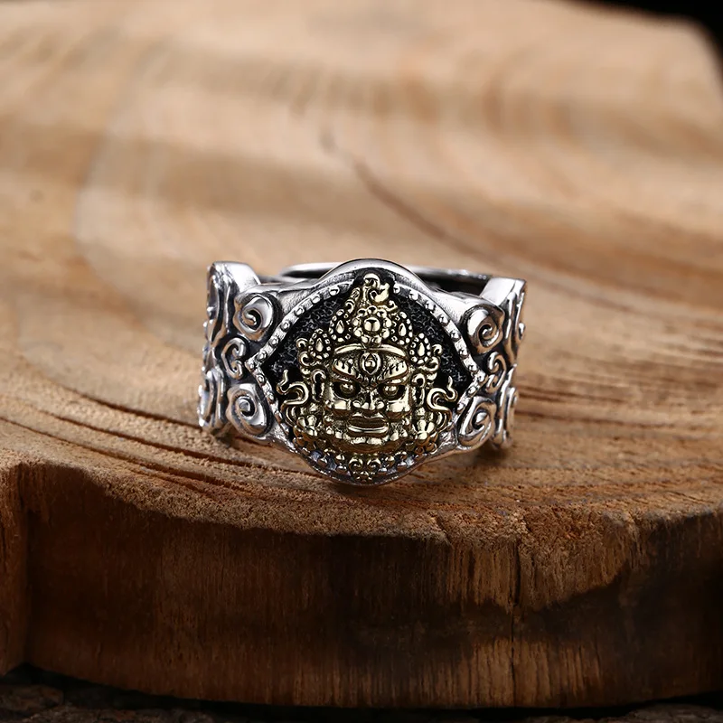 S925 Sterling Silver Yellow Jambhala Adjustable Ring Tibetan Style Old Process Free Size Fine Jewelry FYRNG149