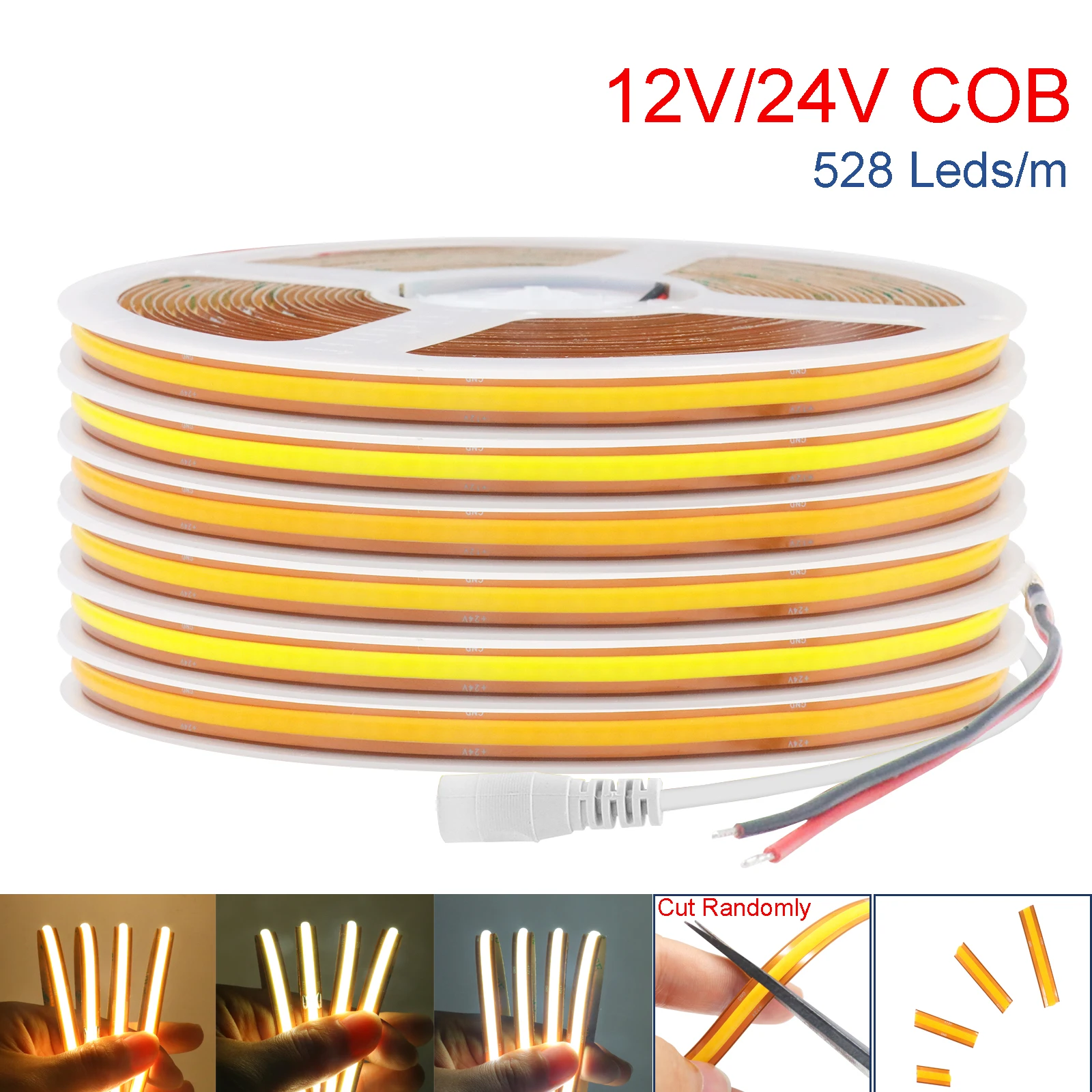 

COB LED Strip Light 12V 24V 8mm PCB Self-adhesive Flexible Ribbon 528LEDs/m High Density LED Tape 3000K 4000K 6000K Cut Randomly