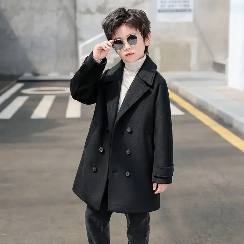 Boys Woolen Blends Coats Autumn Winter New Fashion Solid Thicken Warm Turn-Down Collar Long Outerwear Children's Clothes E4510