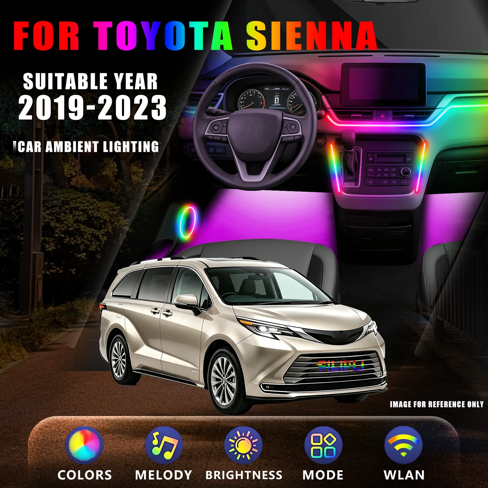 FOR TOYOTA Sienna 2019-2023 YEAR DREAM COLOR 18 Lights Car Ambient Light Kit Star Flow Marquee Hazard Pulse Sync Hill Brighten APP Wireless Control Sliding Door Warning Hidden Wiring Speed Adaptive Glow