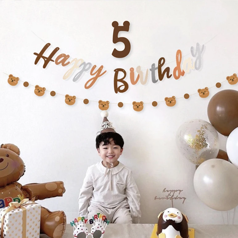 INS Cute Bear Happy Birthday Banner Garland 1st Kids Boys Teddy Bear Birthday Party Supplies Balloon Tableware Baby Shower Decor