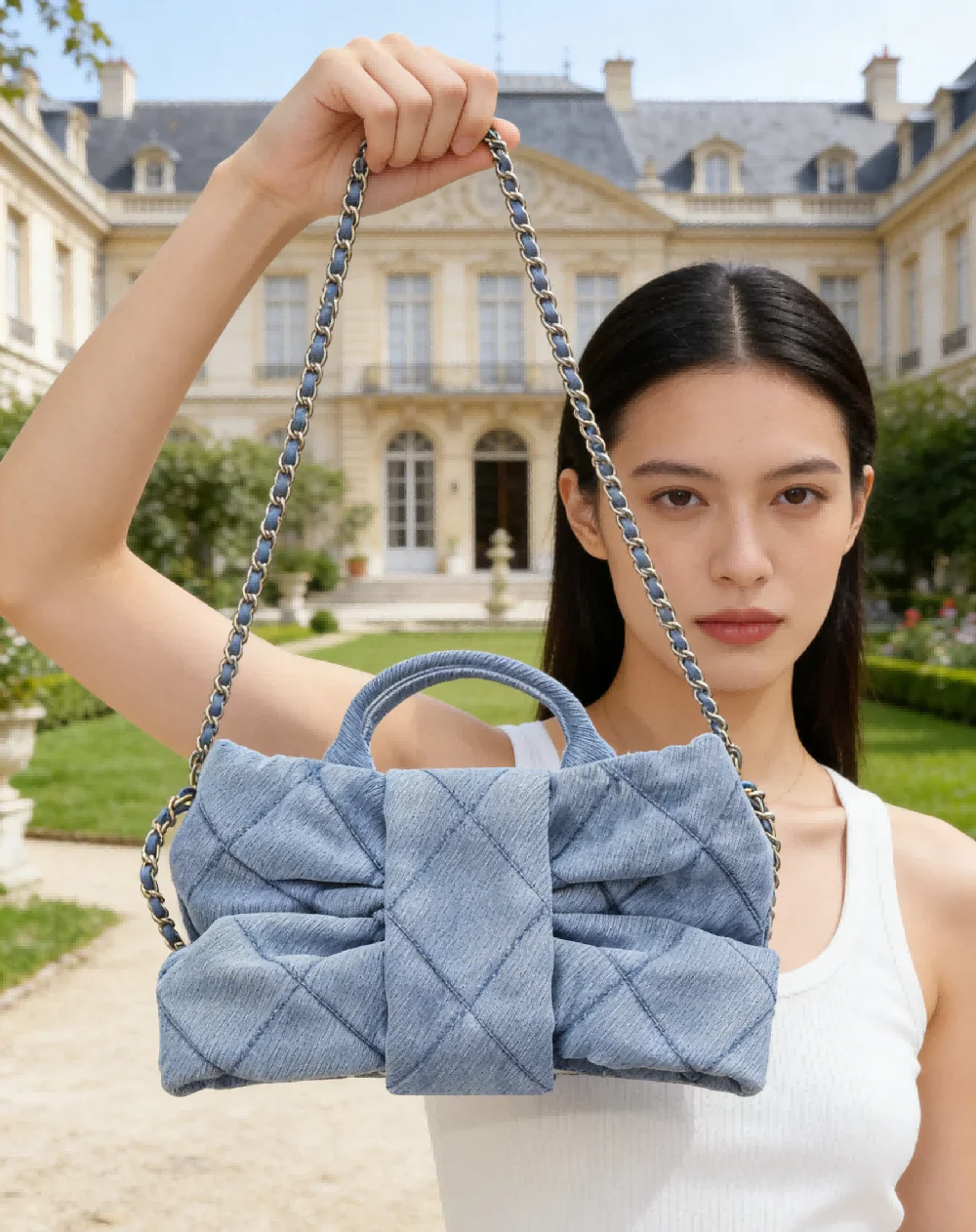 

Denim ruched handbag with quilted pattern, trendy design for street fashion and young casual daily collocation