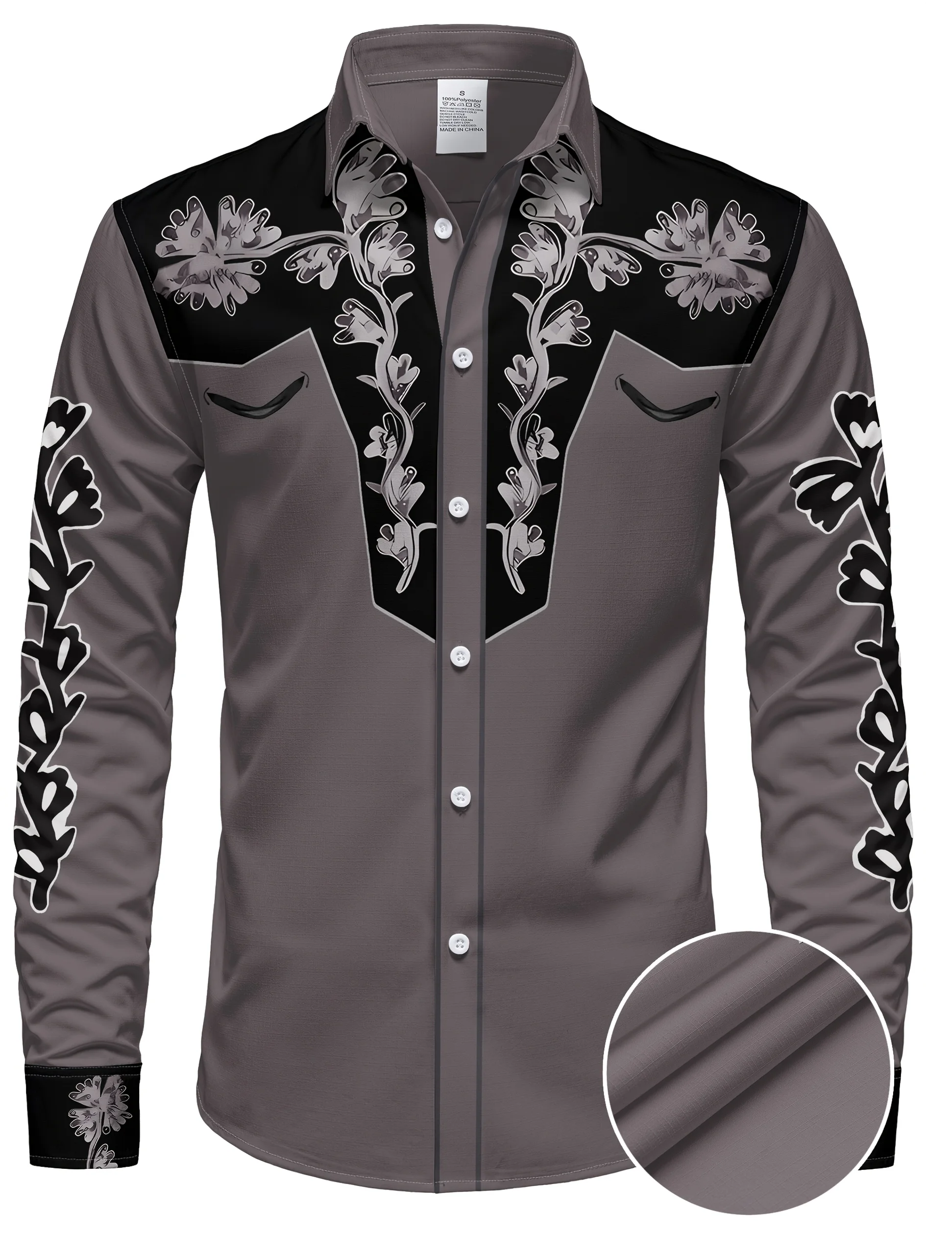 Men Turn‑down Collar Long Shirt Western Style Golden Ornate Floral Graphic Print Button‑front Fashion Holiday Male Blouse