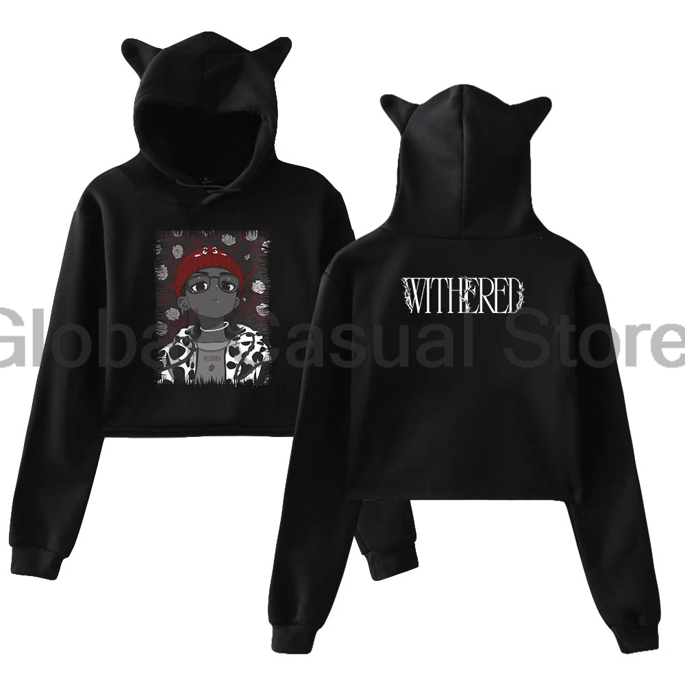

D4vd Withered Kawaii 2025 Cartoon Hoodie Female Cat Ears Hooded Sweatshirts Long Sleeve Crop Top Women's Clothes