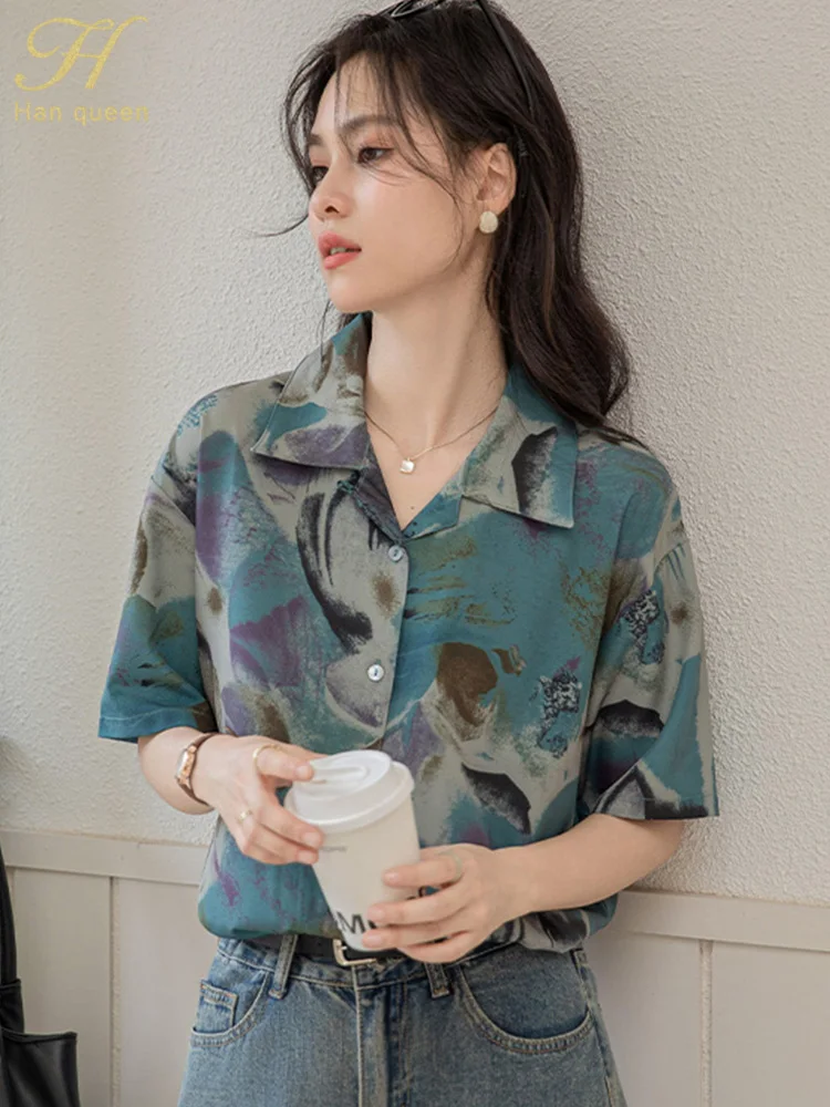 

H Han Queen Korean Reviews Many Girls Clothes Summer Women's Blouses Fashion Print Top Chiffon Short Sleeve Casual Office Shirts