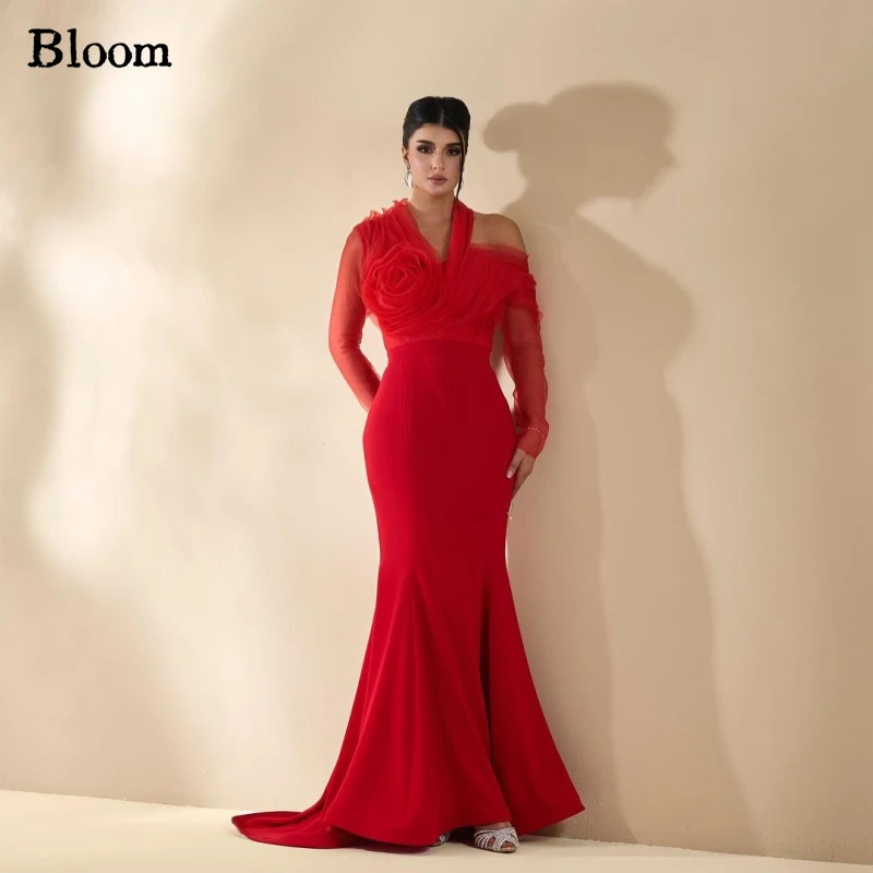 

Bloom Tulle Long Sleeves Prom Dresses Mermaid Off Shoulder Ruffles Charming Arabia Red Evening Dresses Wedding Party Dress 2024