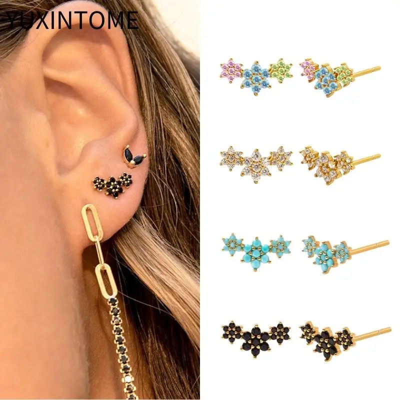 

925 Sterling Silver Needle Luxury Flower Stud Earrings for Women Colorful Crystal Piercing Earrings Fashion Jewelry Gifts