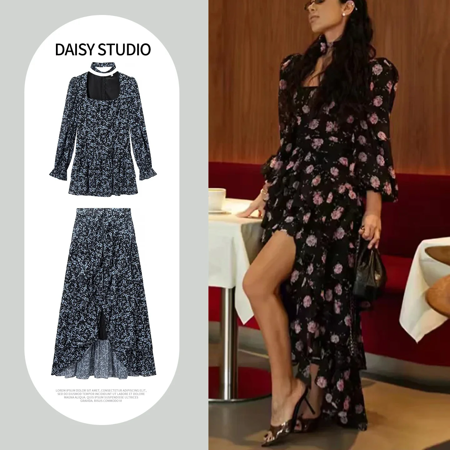 Spring Summer New Women's Square Collar Long Sleeve Zipper Style Elastic Waist Casual Half Skirt Set Floral Print Two Piece Suit