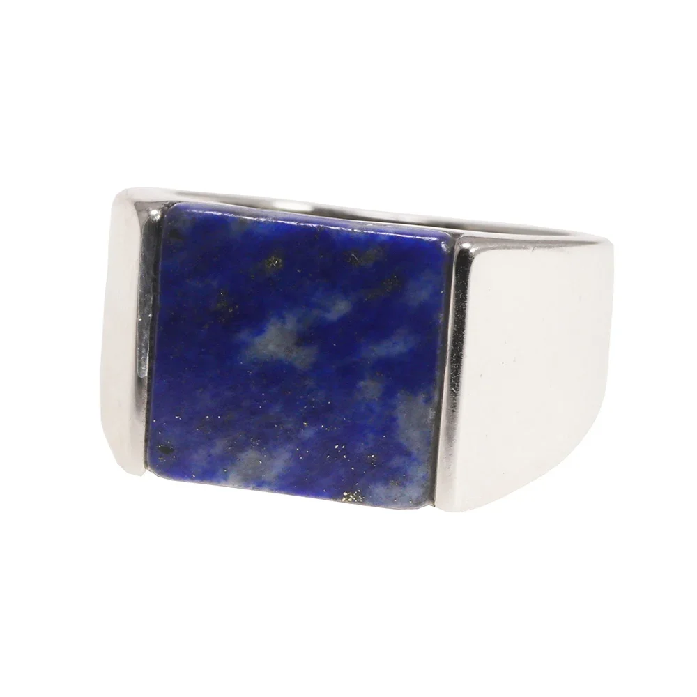 Solid 925 Sterling Silver Square Lapis Lazuli Agate Ring for Men Natural Gemstone Simple Classic Male Jewelry