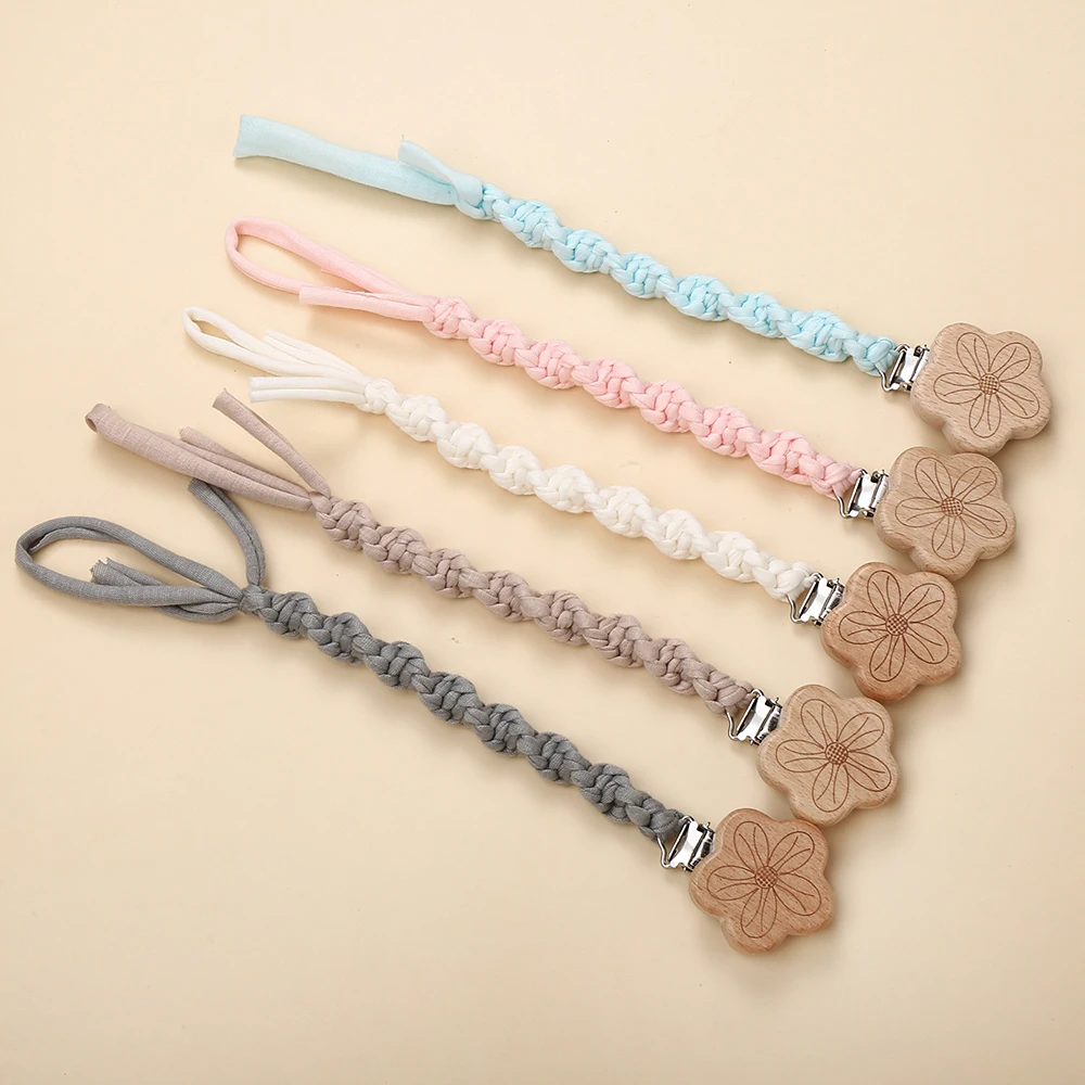 Clip de sucette en bois de hêtre pour bébé, chaîne en tissu faite à la main, Clips de sucettes pour nouveau-né, porte-factice, jouets de dentition, chaînes de mamelon