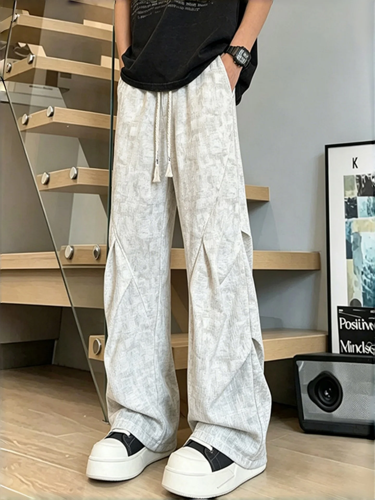 

American Dyed Folded Paratrooper Pants Men Summer Thin Straight Drape High Length Ice Silk Sports Trousers Casual Straight Leg