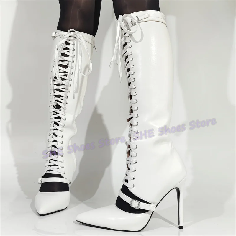 Women Pointed Toe High Heel Gladiator Sandals Sexy Hollow-Out Cross Strap Design Summer Cool BootsLarge Size Knee High Boots