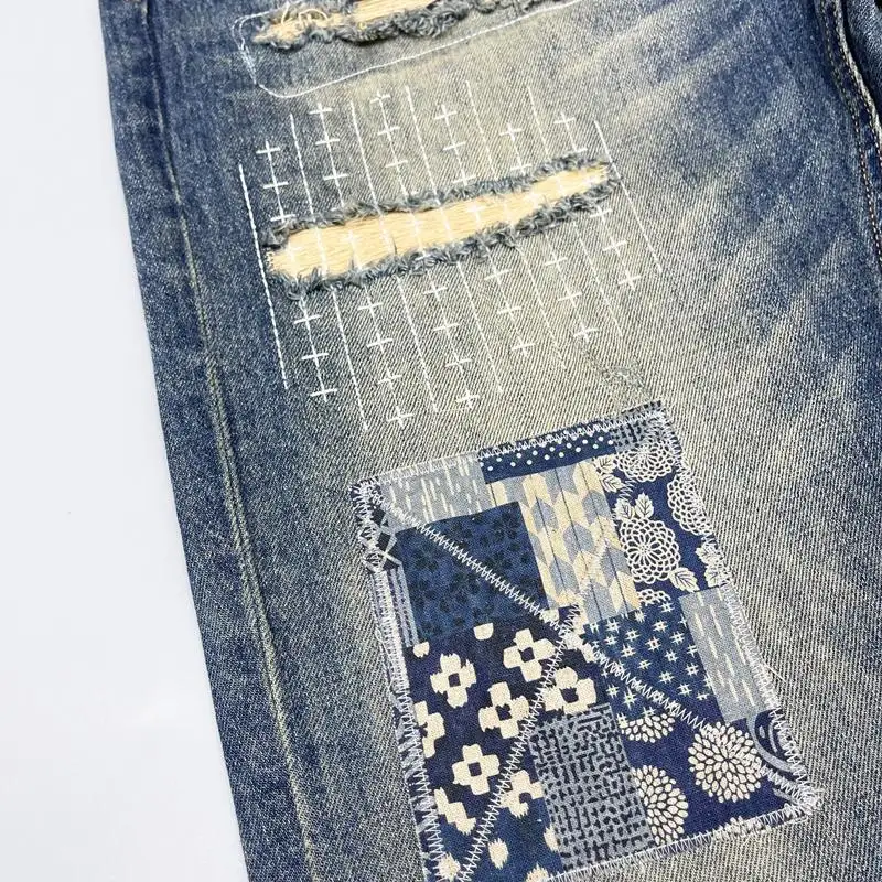 Vintage Distressed Patch Jeans for Men Micro Tube Pants High Street Trendy Brand Hip-hop Pants