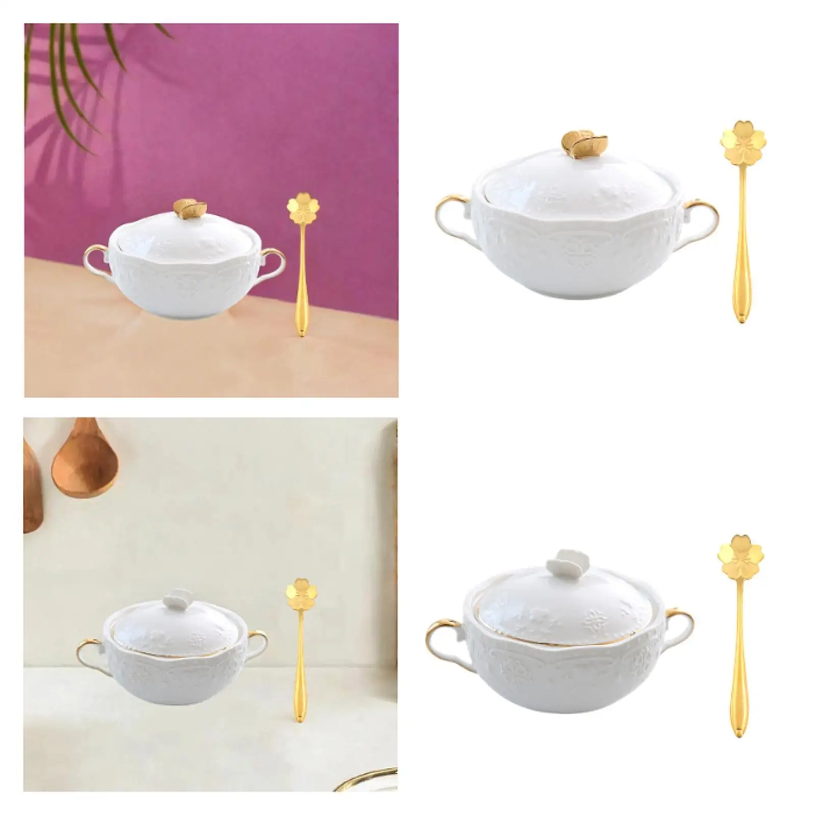 Elegant Ceramic Soup Bowl with Lid and Spoon French Onion Soup Serving Bowl for Kitchen Dinnerware view 3