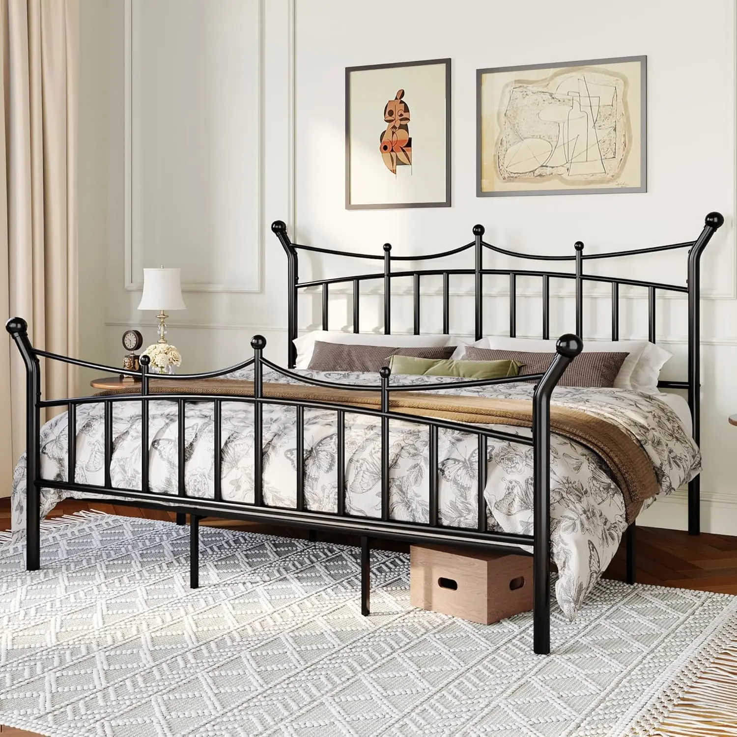 14 Inch King Metal Bed Frame with Crown Headboard & Footboard, Under-Bed Storage, Easy Assembly, No Box Spring, Black, Customize