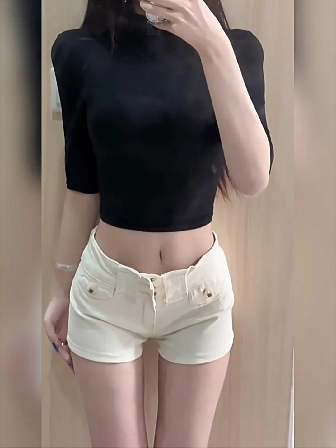 

Low Waist A-Line Denim Shorts Double Button Design Summer Slimming Elasticity Trendy Commuter Style Women's Fashion Hot Pants