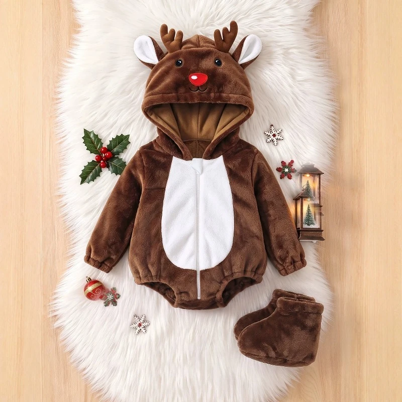 Newborn Infant Baby Boys Girls Reindeer Costume Romper Brown Plush Hooded Jumpsuit With Antlers Red Nose Christmas Outfit 0 24M