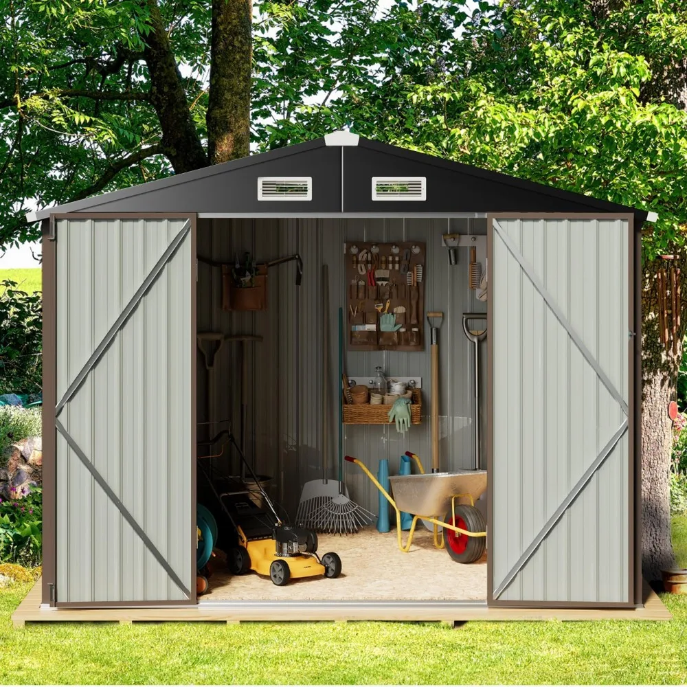 5.6x8.5 FT outdoor steel tool shed, practical storage shed with lockable doors and ventilation openings, for use in gardens