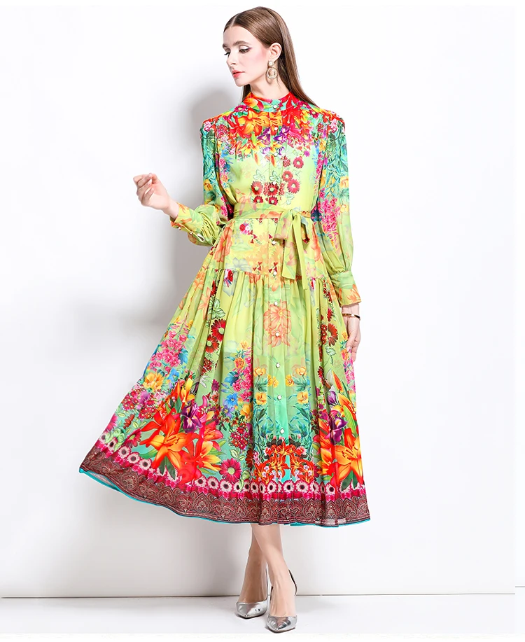 ZAROY Elegant Lantern Sleeve Single-breasted Dress Boho Slim Waist Belt Fashion Dress Women Vintage A-line Print Party Vestidos