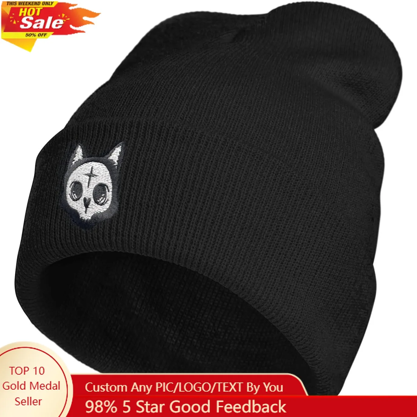 

Dia De Los Muertos Mexican Day Skull Cat Beanie Hat for Men Women Winter Warm Beanie Hats Stretch Skull Knit Hat Cap Black