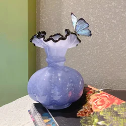 Glass Vase Vintage French Wavy Edge Purple Transparent Pumpkin Shape Flower Vase Terrarium Home Decoration Accessories