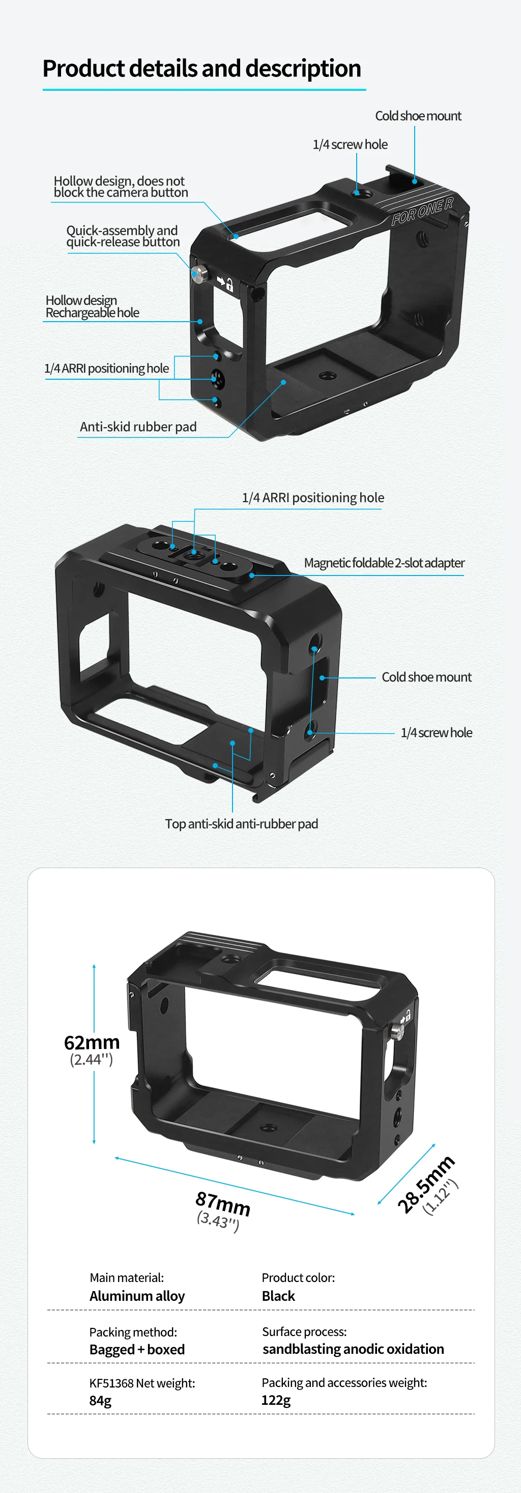 Aluminium-Schutzkäfig Rig 1/4 magnetischer Stativadapter Kaltschuhhalterung für Insta360 One R / RS Action-Kamera, erweiterter Rahmen – Detail 38