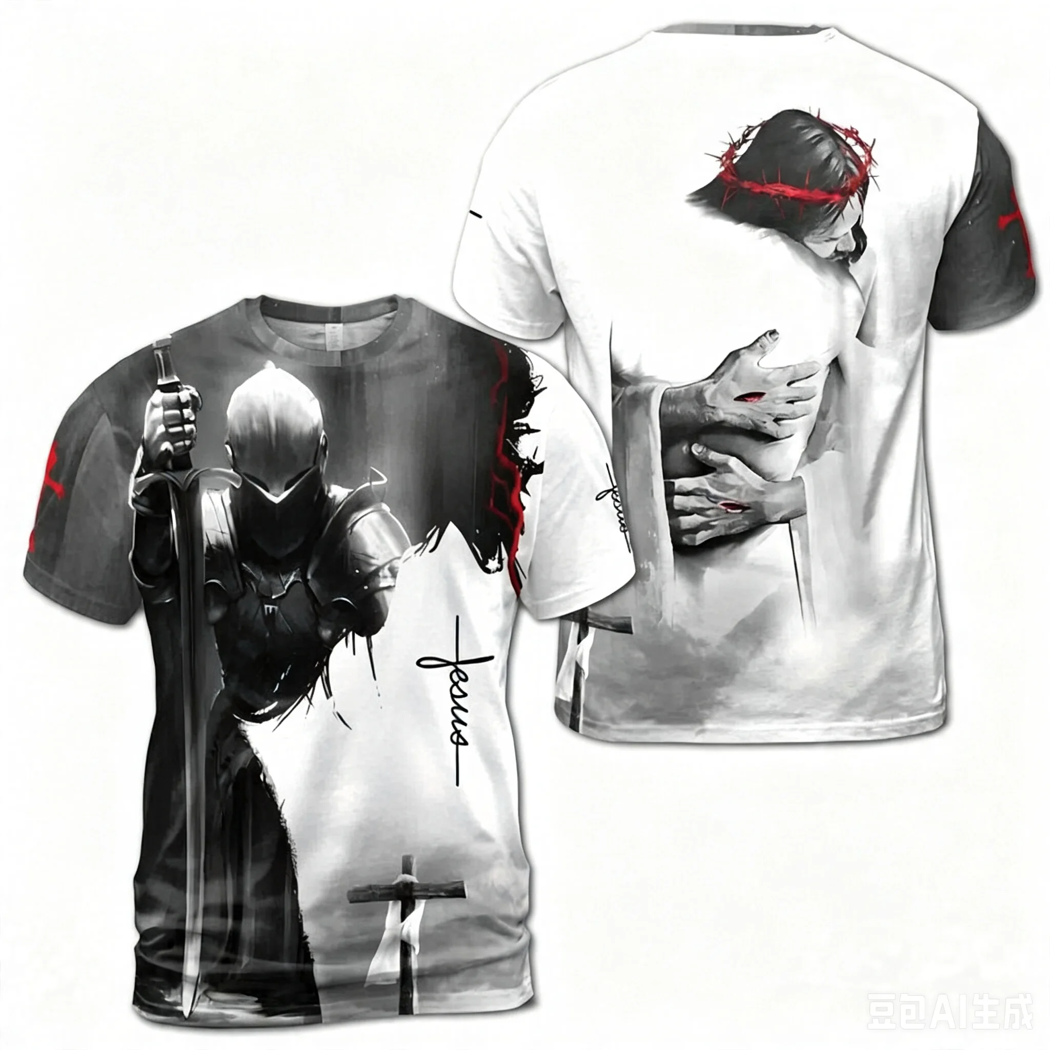 Men Christian Jesus Knight Cross Graphic Tee Crew Neck Short Sleeve Believer Prayer Gift Casual Streetwear Daily Wear Tshirt Top