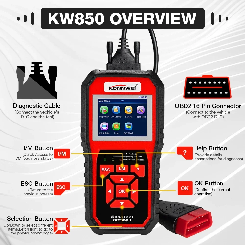 KONNWEI KW850 Car OBD2 Scanner Professional Car Diagnostic Scanner Tools OBD 2 Check Engine Check Automotive Code Reader Battery