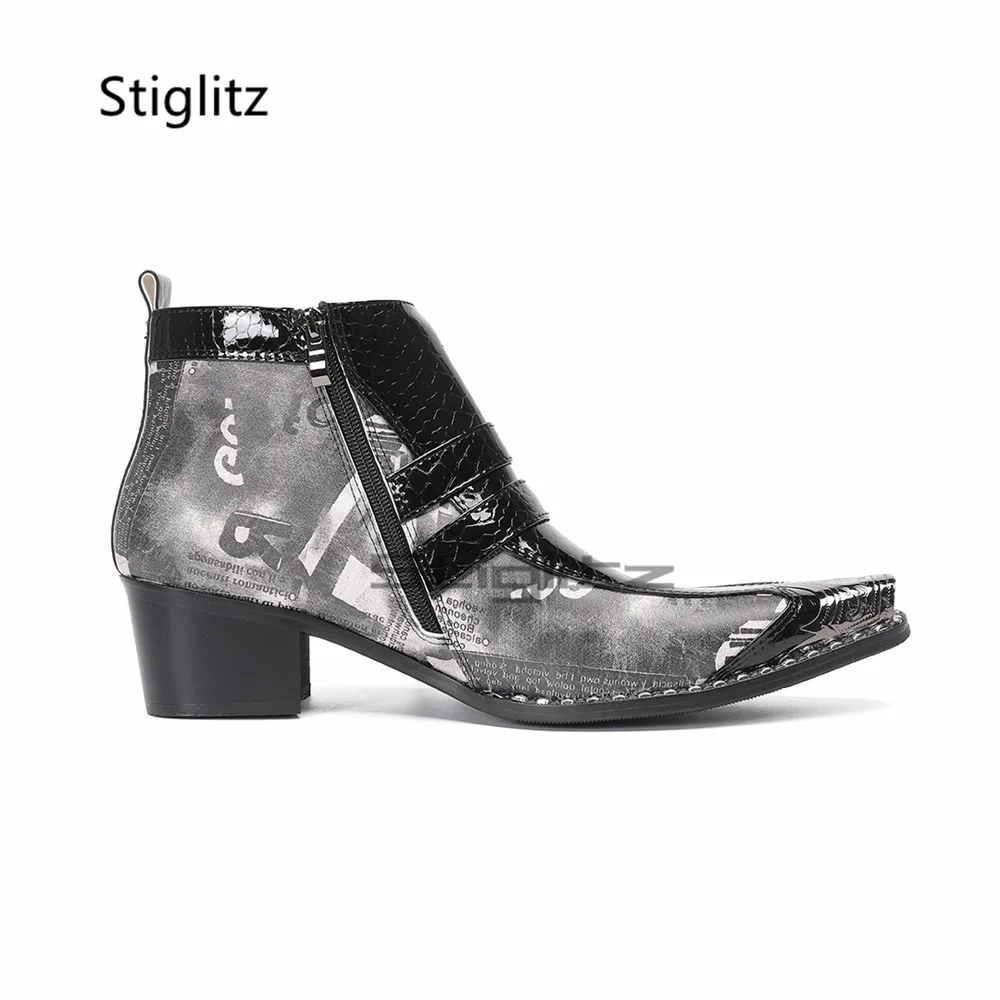 Patchwork Prints High Heels Chelsea Boots for Men Double Buckle Genuine Leather Metal Pointed Toe Ankle Boots Business Shoes