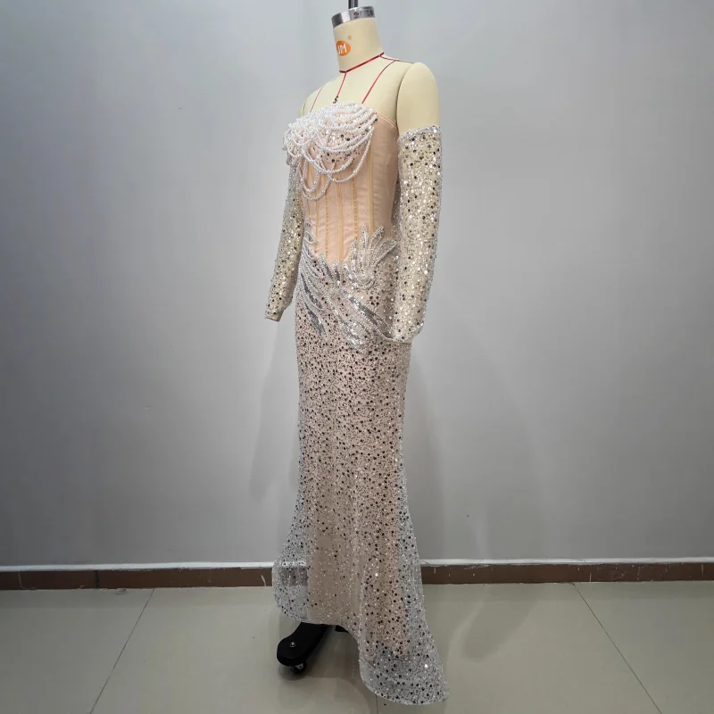 Nieuwe aankomst dames strapless zware kralen bodycon hoge taille mesh zeemeermin sexy high-end avondjurk