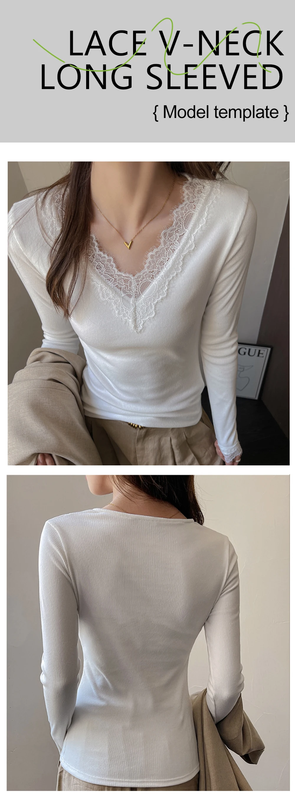 Elegante Damen-T-Shirts mit Spitzenbesatz, V-Ausschnitt, langen Ärmeln, schlichtem Design, schmaler Passform, integrierten Schulterträgern, als Basis-T-Shirt für Herbst und Winter, zum Tragen in Schichten, Unterhemd. – Detail 2
