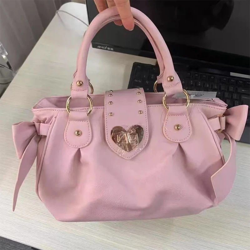 

Sweet Bow Shoulder Bag New Spring Summer Brand High Quality Solid Pink Large Capacity Versatile Women's Crossbody Shoulder Bag