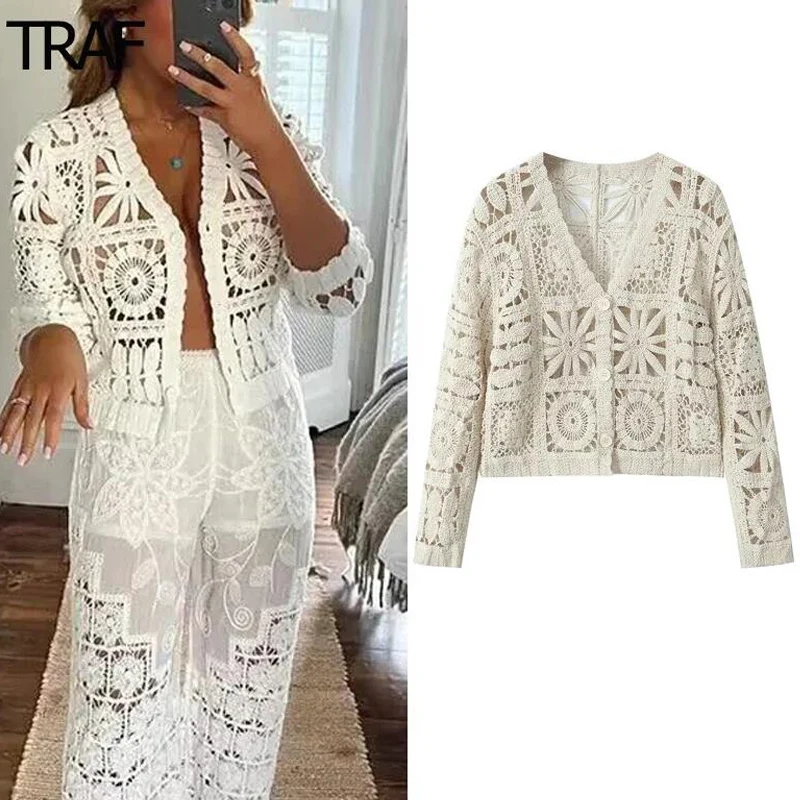 TRAF Women\'s Sweater Spring Summer 2024 Knit Cutwork Cardigan V-Neck Long Sleeves Coat New In Coat Elegant Cardigan New Arrivals