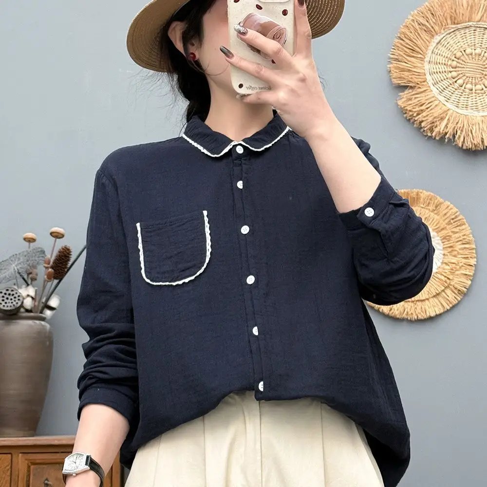 

2025 Pure Cotton Spring and Autumn New Arrival Double Layer Cotton Yarn Long Sleeve Shirt Loose Versatile Blouse Top