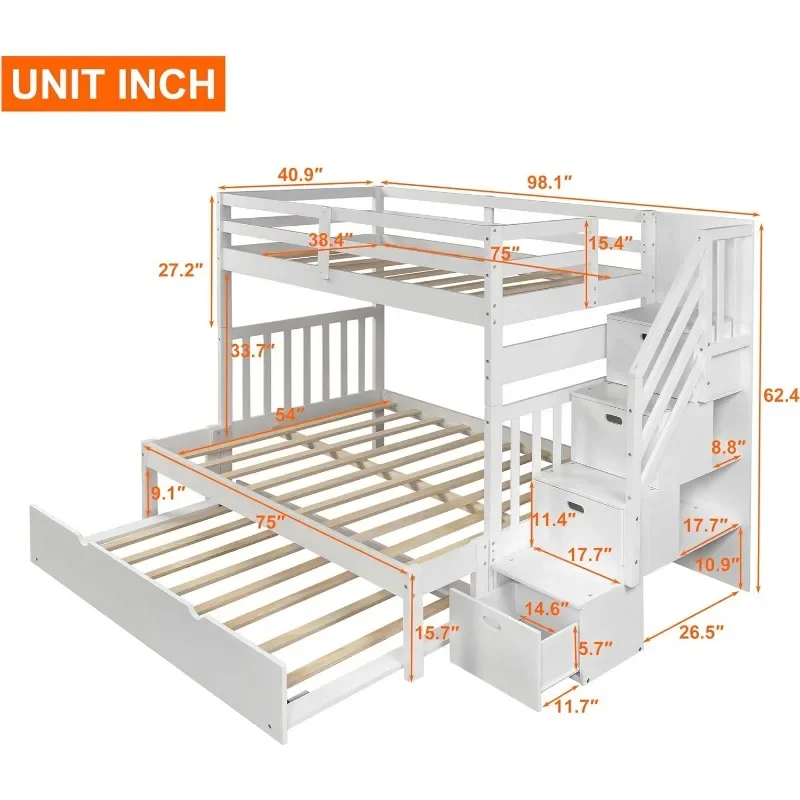 Harper & Bright Designs Stairway Twin Over Twin/Full Bunk Bed with Twin Size Trundle and Drawers, Solid Wood Bunk Bed Staircase