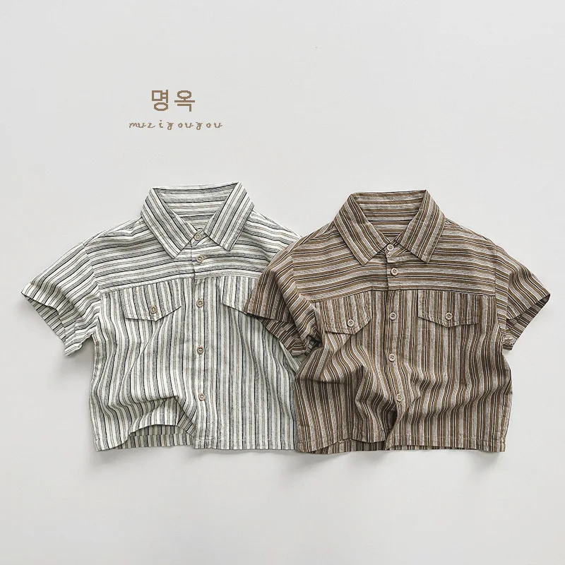 HZMY-Boys' Vertical Stripes Personalized Short-Sleeved Shirt Summer New Girls Mori Style Trendy ChildTT-shirt Children's Cotton