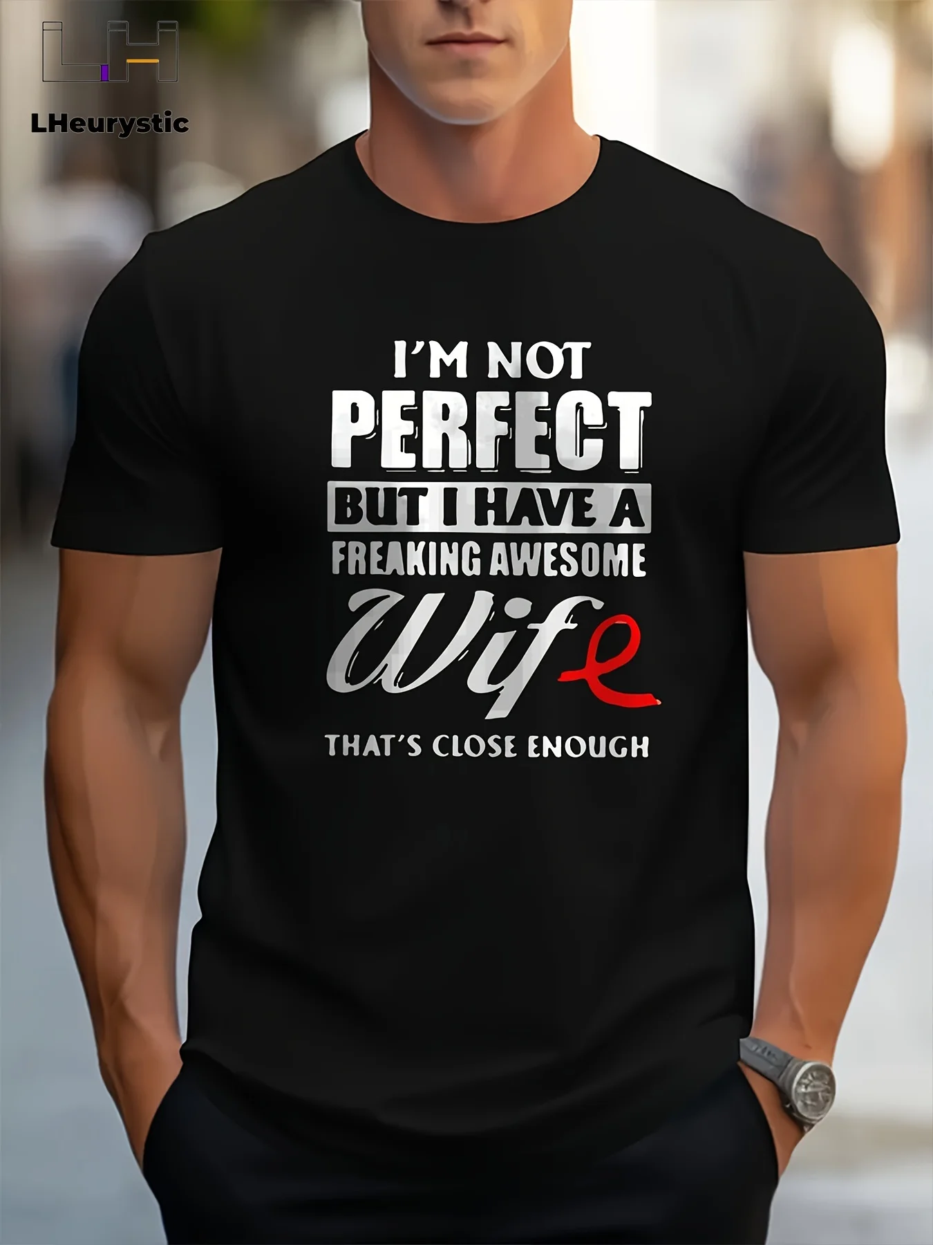 

Men's Athletic T-Shirt - Print: "I'M Not Perfect but I Have a Freaking Awesome Wife", Crew Neck Short Sleeve Casual Sportswear