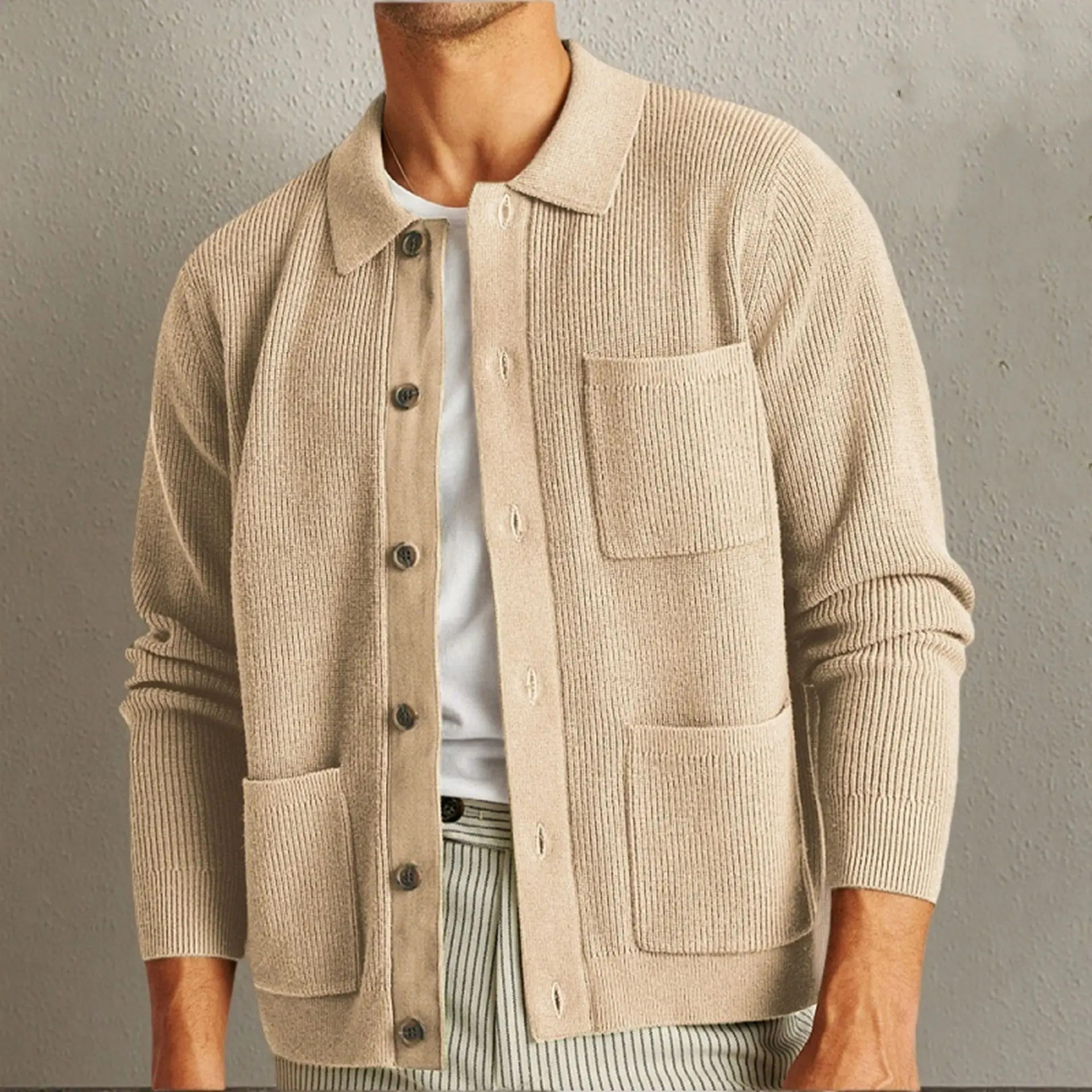 الرجال سترة البلوزات معطف رفض طوق الصلبة محبوك قميص معاطف عادية واحدة الصدر لصق المفتوحة غرزة الخريف الشتاء #5