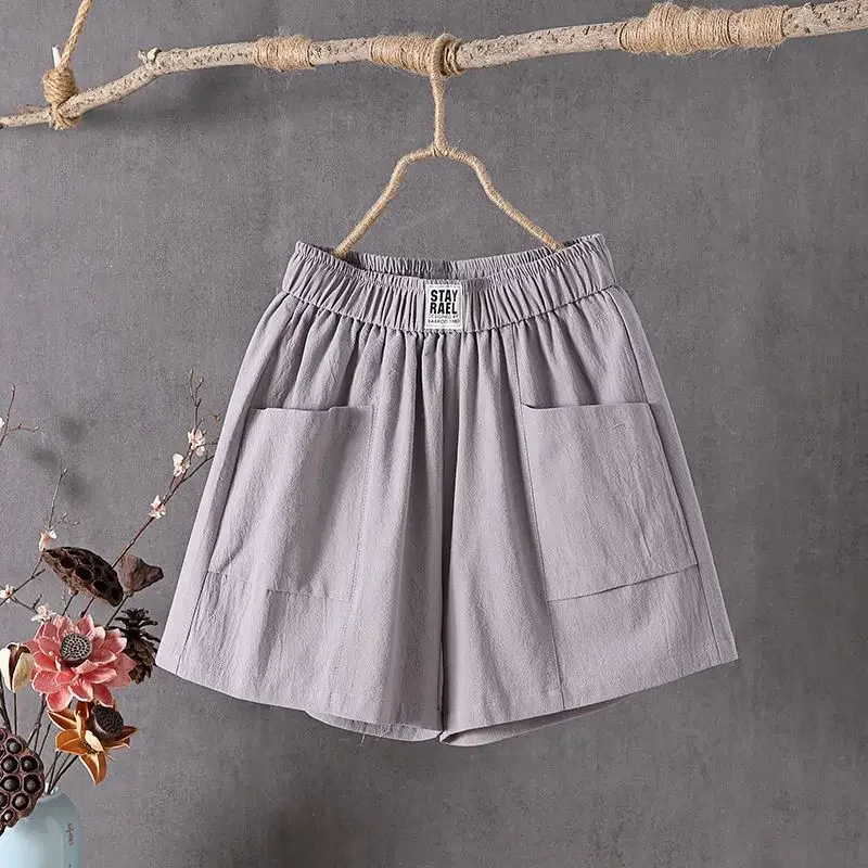 

Summer New Elastic Waist Pockets Patchwork Shorts Solid Loose All-match Simplicity Wide Leg Pants Casual Fashion Women Clothing