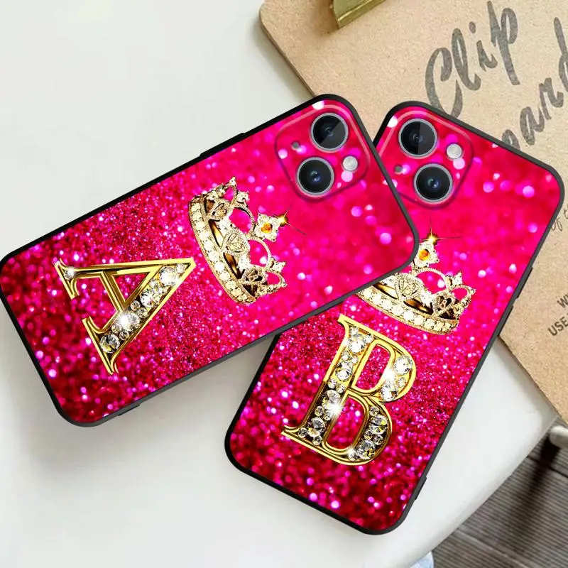Case For Apple iPhone 13 14 15 11 12 Pro 7 XR X XS Max 8 Plus SE 2022 Phone Cover Shell Pink Diamonds Letter