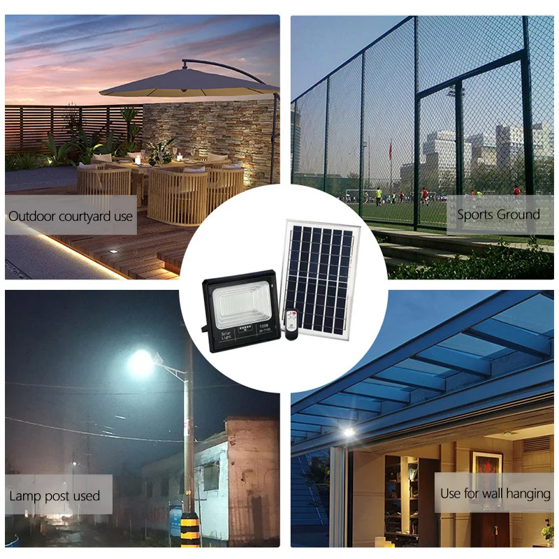 10 unids / lote lámpara solar para garaje 100W foco al aire libre IP67 LED luz de inundación solar con control remoto
