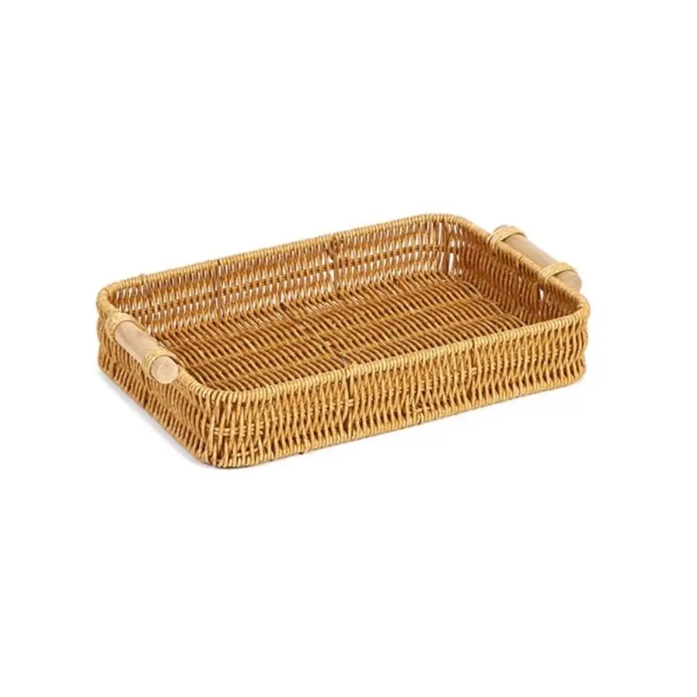 1Pcs Breakfast Bread Food Handwoven Rattan Basket Fruit Vegetable Cake Wicker Round Shape Storage Tray Food Plate With Handle
