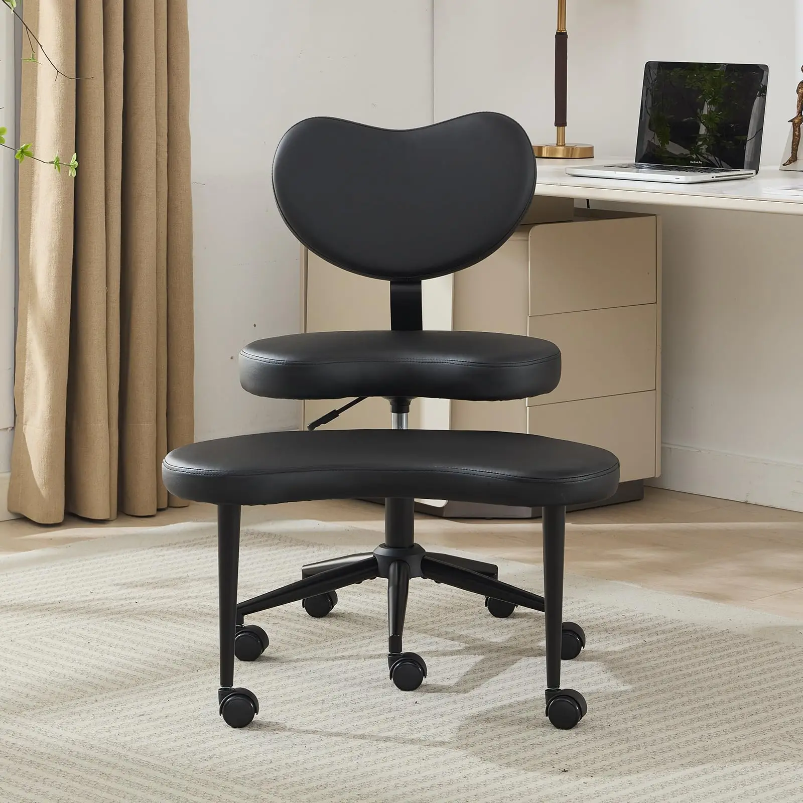 Cross Legged Office Chair with Wheels, 360° Swivel, PU Leather, Black