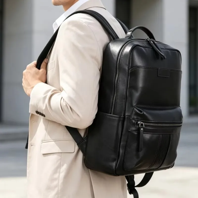 New Men Genuine Leather Backpack, Business Casual Trendy Large Capacity Travel Laptop Rucksack for Men