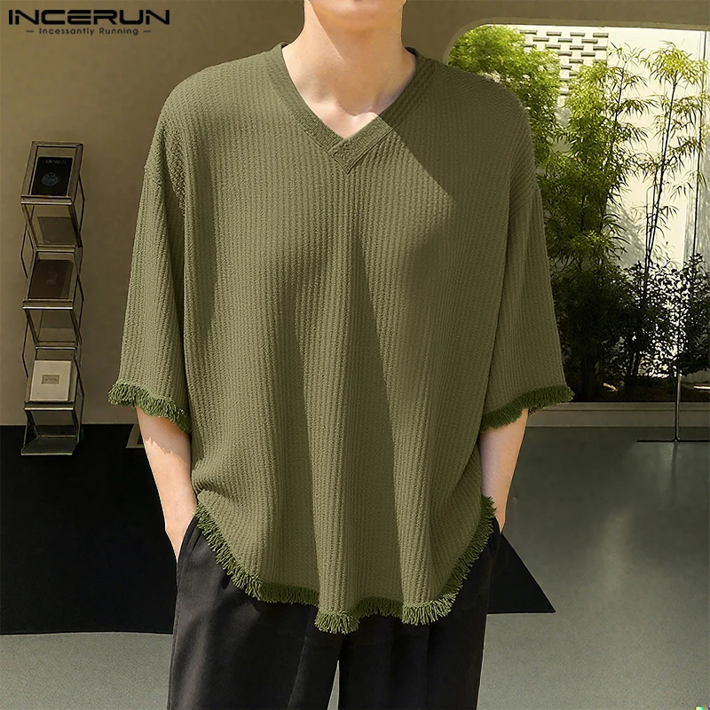 

Сплошные цветные мужские футболки с рукавом три четверти, модные топы INCERUN с кисточками в стиле пэчворк, футболка, уличная одежда, вечерние мужские топы большого размера