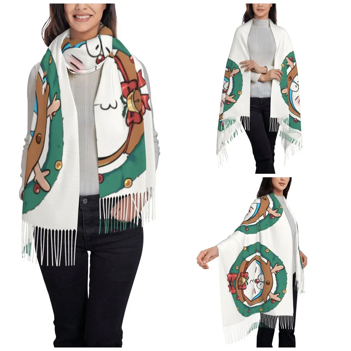 Doraemon Merry Christmas Scarf for Women Fall Winter Pashmina Shawls and Wrap Long Large Shawl Scarf Lightweight