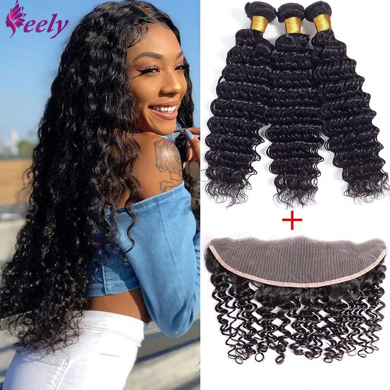 Hair Deep Wave 3 Bundles with Frontal Ear to Ear Lace Frontal Closure with Closure Soft Human Hair Extensions Natural Color