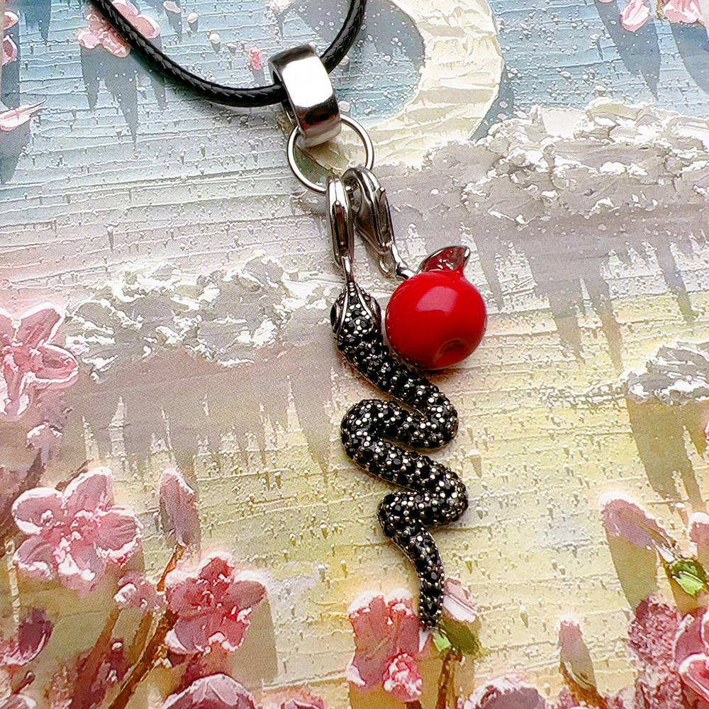 Snake and Red Apple Necklace New Fine Jewelry Europe 925 Sterling Silver Romantic Gift For Women