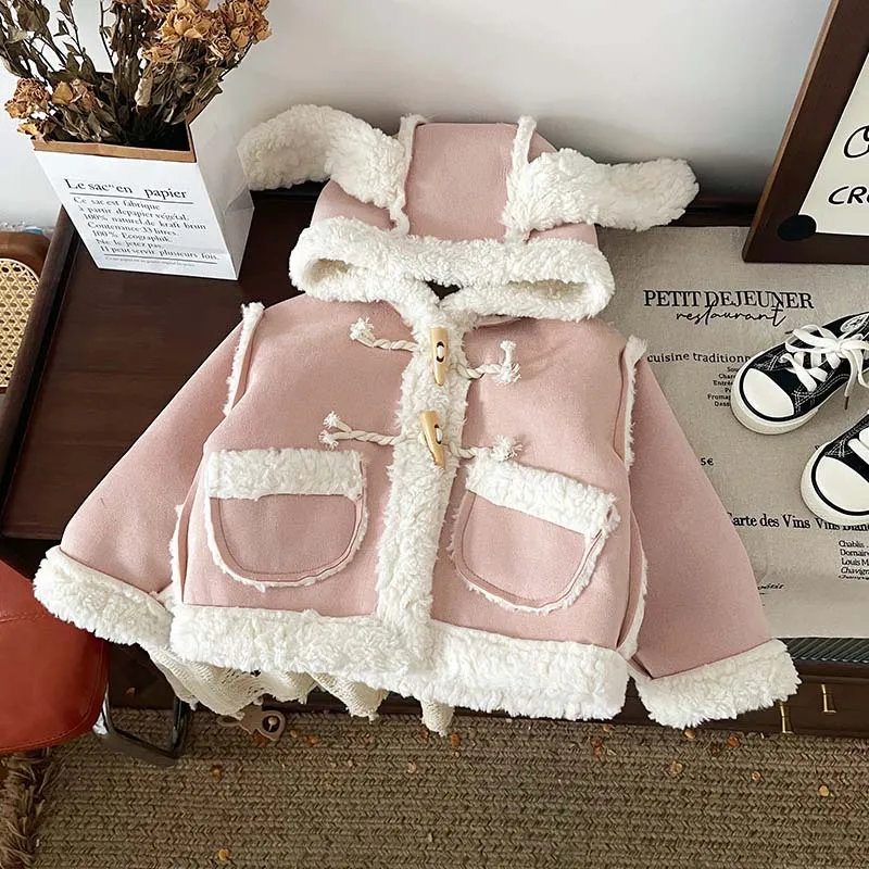 Baby Girl's Cute Ears Velvet Hooded Jacket Autumn Winter Girls Suede Thickened Coats Korean Fashion Kids Horn Button Warm Coats