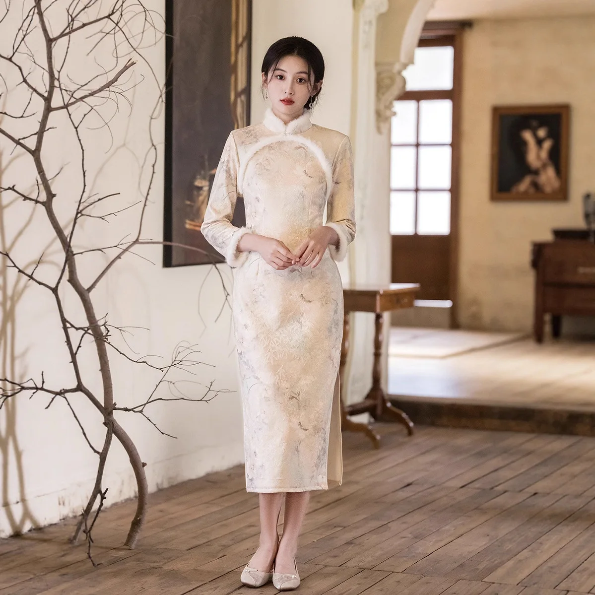 

Yourqipao Elegant White Young Girl's Cheongsam 2025 Winter New Improved New Chinese Long-sleeved Feather Qipao